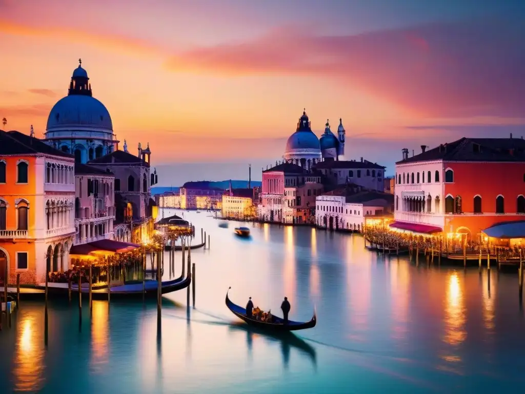 Una ciudad flotante futurista al atardecer, con rascacielos, puentes e iluminación dorada, evocando ciudades flotantes ficción vs Venecia