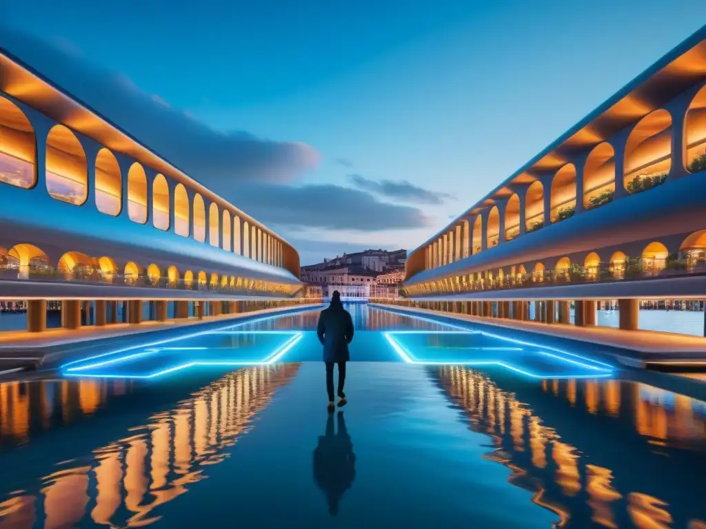 Una ciudad flotante futurista de cristal y acero con carros voladores, contraste con Venecia