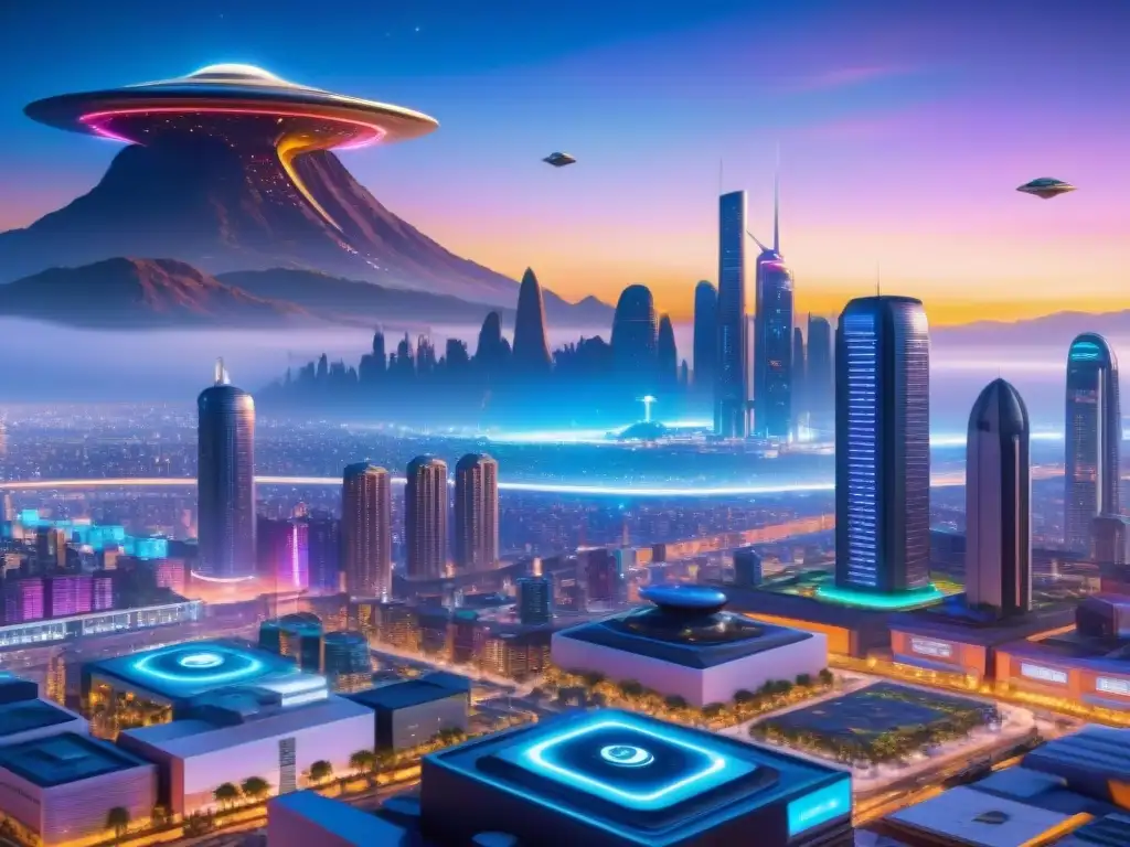 Ciudad futurista alienígena con rascacielos iluminados y seres extraterrestres en mercado vibrante