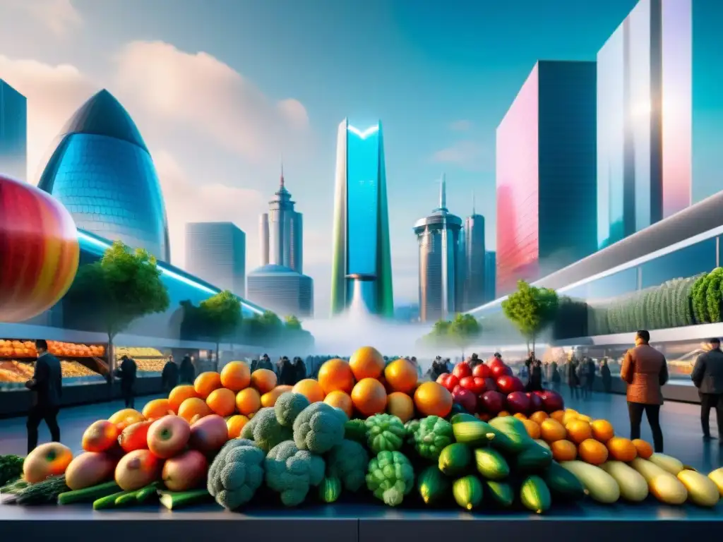 Una ciudad futurista con alimentos exóticos y tecnología avanzada