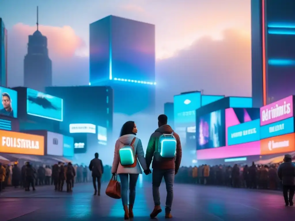 En una ciudad futurista al anochecer, el amor brilla entre la desesperanza de un mundo distópico