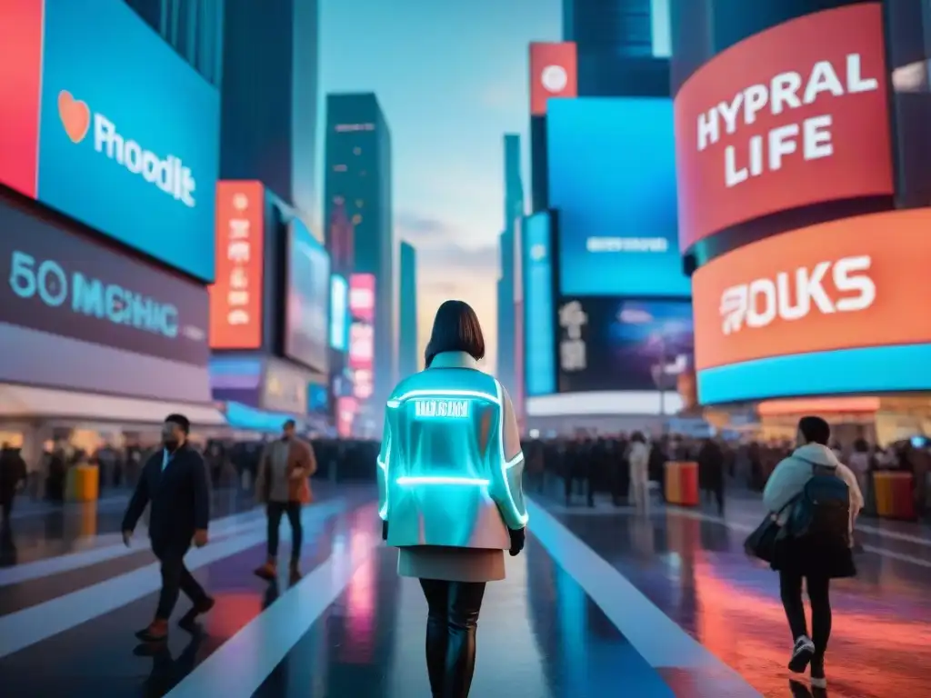 Una ciudad futurista al anochecer, con anuncios holográficos y luces de neón iluminando las bulliciosas calles