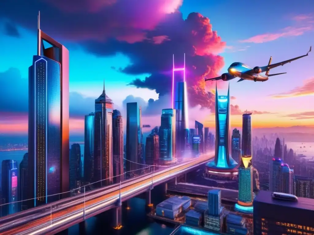 Una ciudad futurista al atardecer, fusionando criaturas míticas con tecnología avanzada