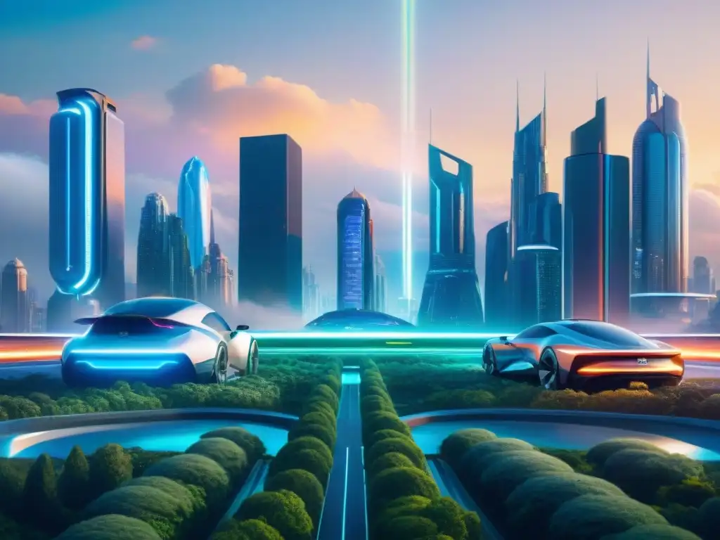 Una ciudad futurista al atardecer con rascacielos, naturaleza y transporte avanzado