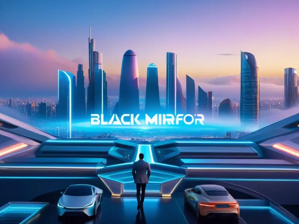 Una ciudad futurista al atardecer con rascacielos holográficos y autos voladores, reflejando la utopía y distopía en Black Mirror