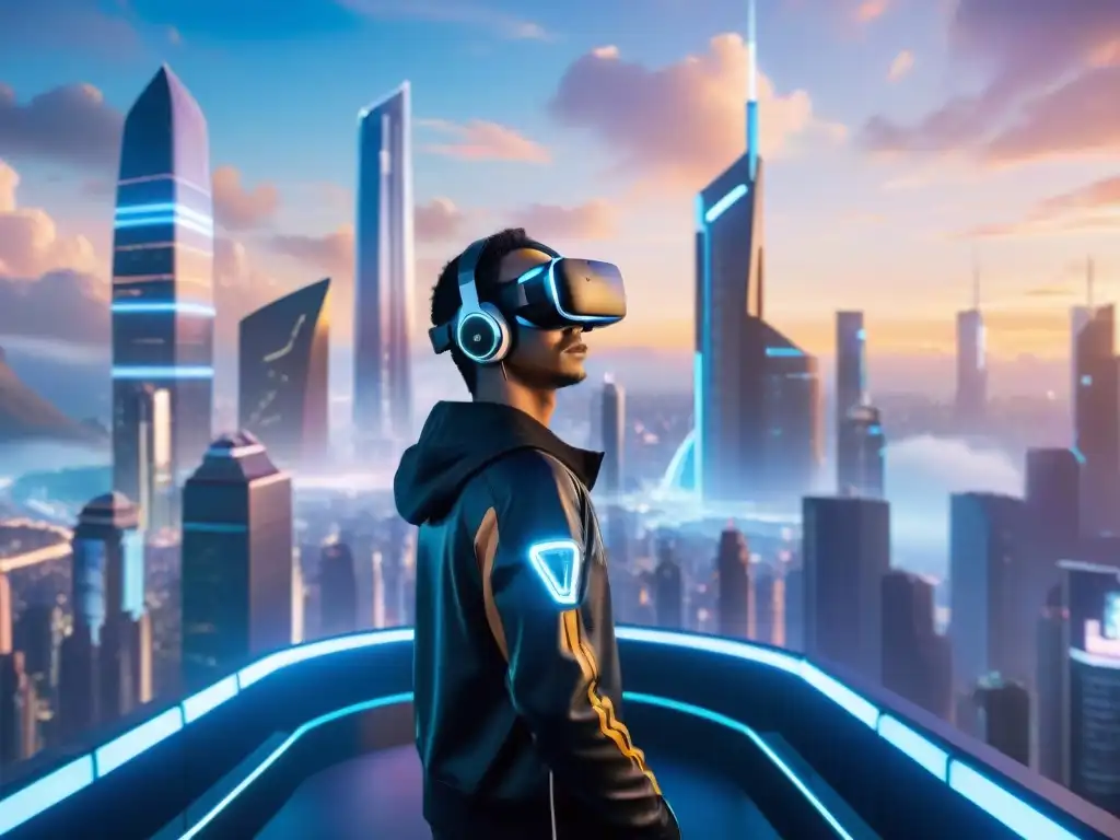 Una ciudad futurista al atardecer con rascacielos brillantes y luces de neón, donde personas usan realidad virtual en universos ficticios