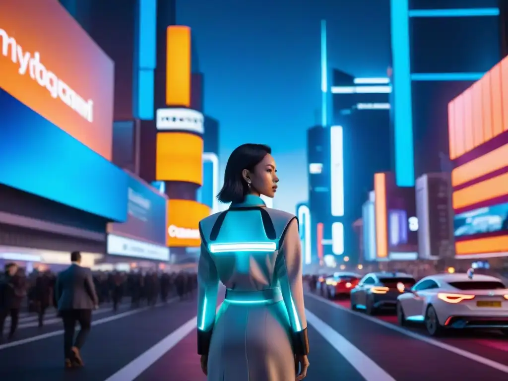 Ciudad futurista: luces, drones y ética Un ciudad futurista brillante con rascacielos, luces de neón y drones