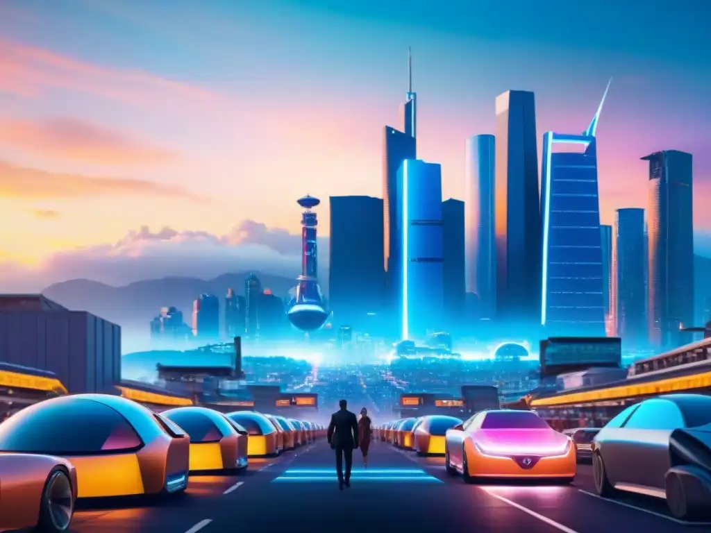 Una ciudad futurista bulliciosa al anochecer, con rascacielos imponentes y hologramas iluminando el cielo