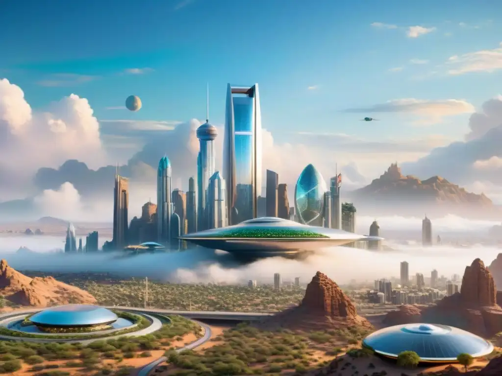 Una ciudad futurista se eleva en el desierto, fusionando tecnología y naturaleza