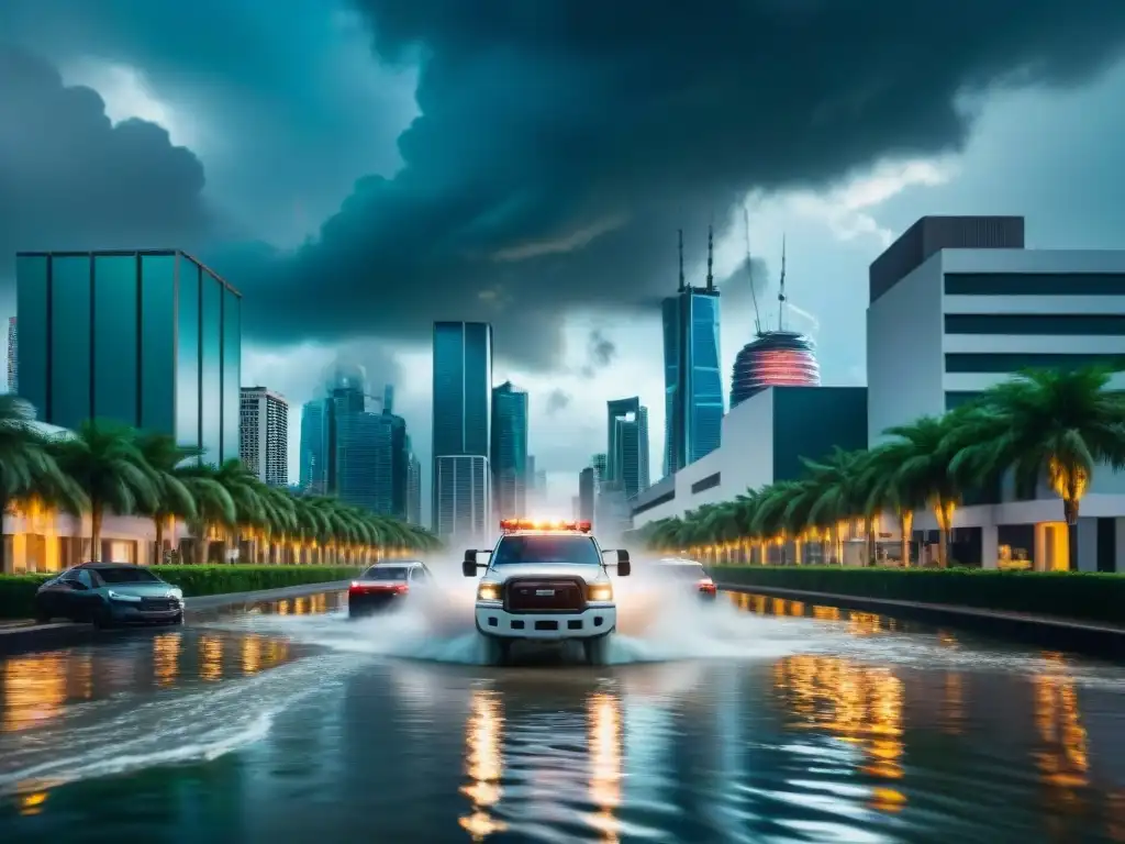 Una ciudad futurista devastada por desastres naturales, con rascacielos sumergidos y vehículos de emergencia en calles inundadas