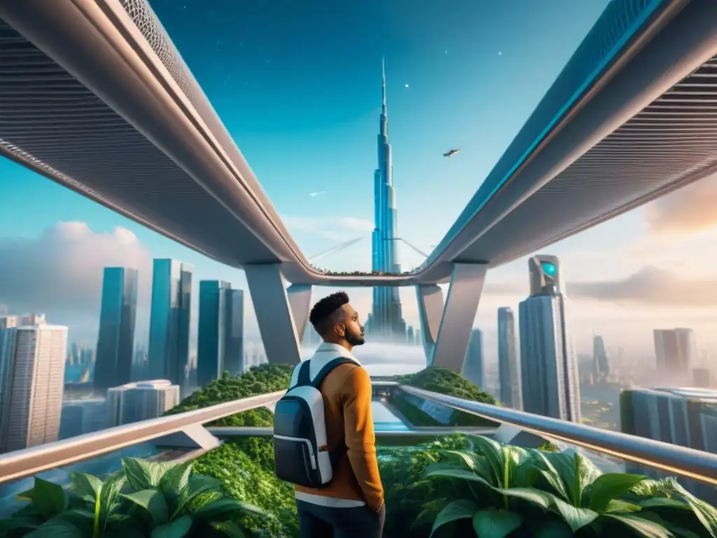 Una ciudad futurista y distópica cubierta de vegetación, conectada por pasarelas y rodeada de tecnología avanzada