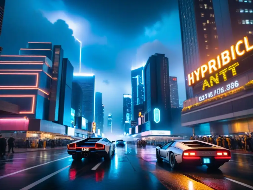 Ciudad futurista: luces neón y caos aéreo nocturno Una ciudad futurista distópica con rascacielos iluminados por luces de neón, autos voladores y una tormenta ominosa al fondo