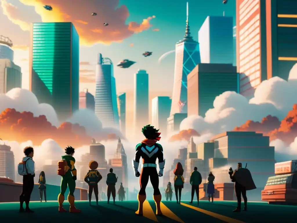 Una ciudad futurista de My Hero Academia donde la economía y superhéroes se entrelazan en un escenario vibrante al atardecer