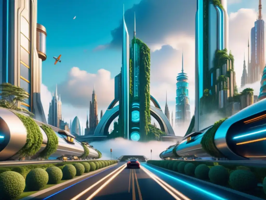 Una ciudad futurista con elementos de Tomorrowland y Metropolis