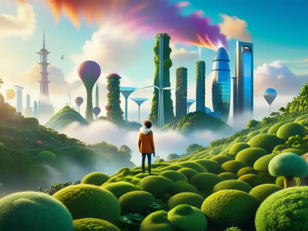 Una ciudad futurista fusionada con exuberante vegetación, mostrando innovaciones tecnológicas en The Lorax