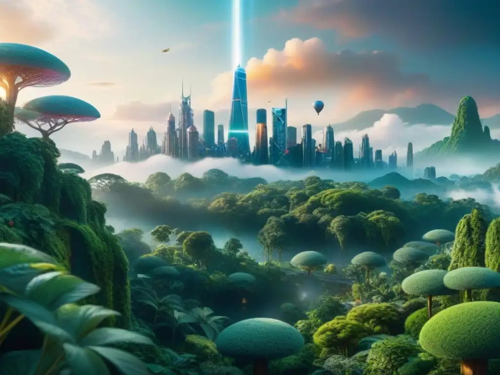 Una ciudad futurista fusionada con paisajes exuberantes, donde la realidad aumentada se mezcla con la naturaleza en mundos ficticios