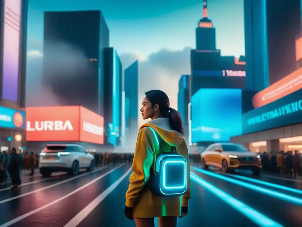 Una ciudad futurista con hologramas y criaturas virtuales, donde la realidad aumentada en mundos ficticios cobra vida en un ambiente neon