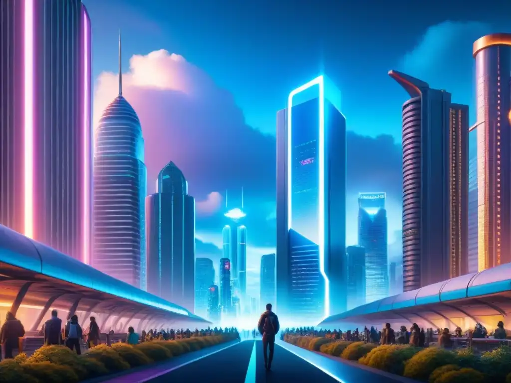 Una ciudad futurista iluminada por luces de neón con formas de vida no humanas