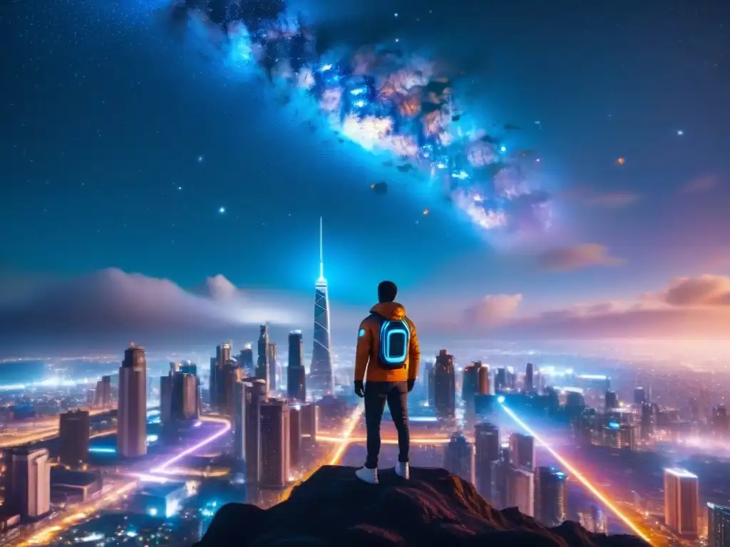 Metrópolis futurista: luces neón y hologramas estelares Una ciudad futurista iluminada por luces de neón, autos voladores y hologramas en el cielo estrellado, evocando los 'Mitos sobre otros mundos ficción'