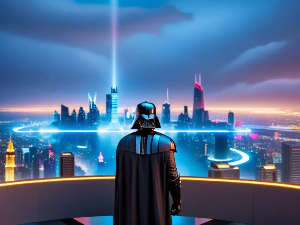 Una ciudad futurista iluminada por luces de neón y hologramas, con Darth Vader dominando el horizonte