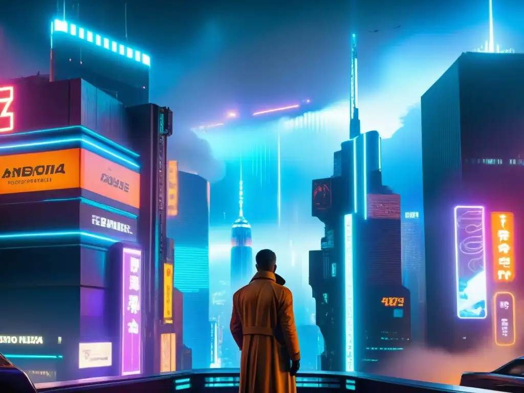Metrópolis futurista: luces neon y androides en la noche cyberpunk Una ciudad futurista iluminada por luces de neón y anuncios holográficos, en un escenario cyberpunk al estilo Blade Runner