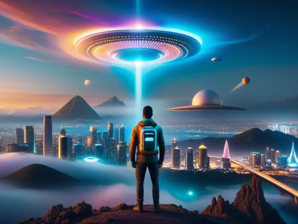 Una ciudad futurista iluminada por naves espaciales, fusionando culturas extraterrestres en la literatura