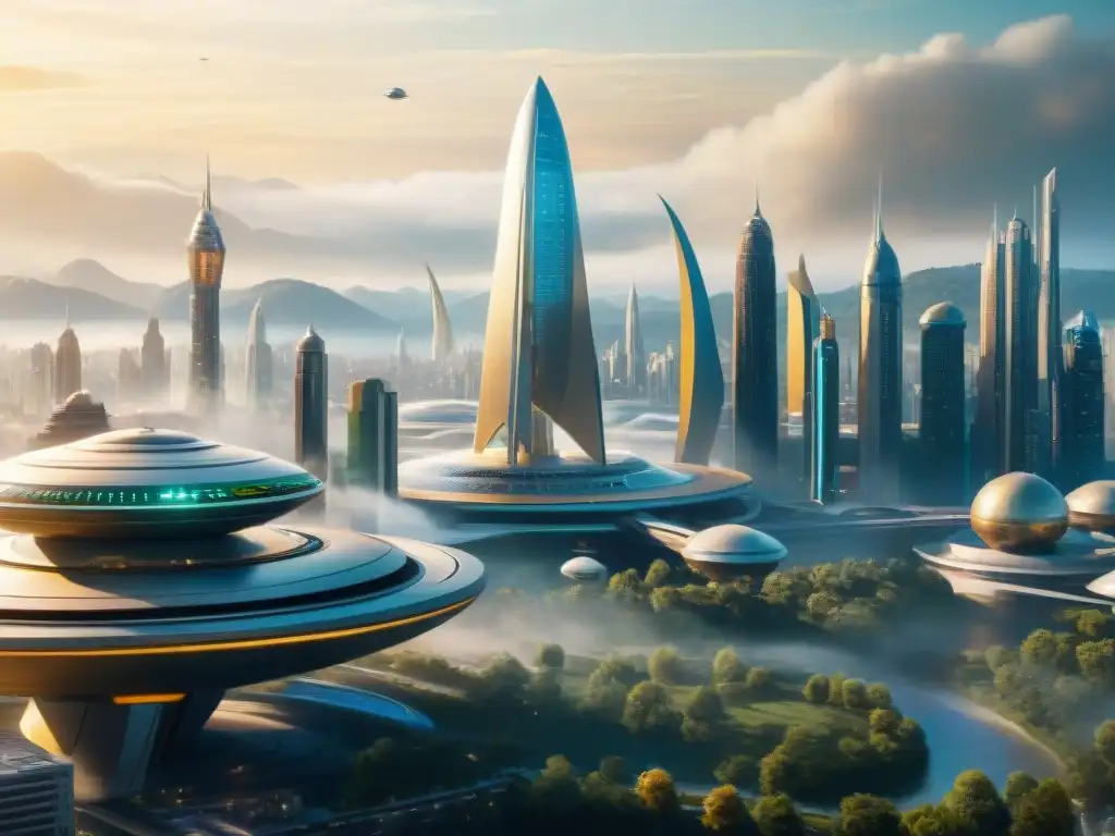 Una ciudad futurista inspirada en la economía de Star Trek: rascacielos, vehículos voladores, personas diversas en armonía