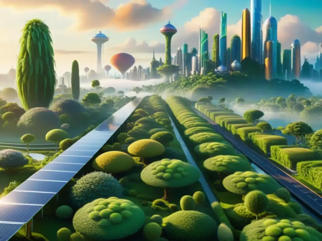 Una ciudad futurista inspirada en las innovaciones tecnológicas en The Lorax, fusionando tecnología y naturaleza en armonía