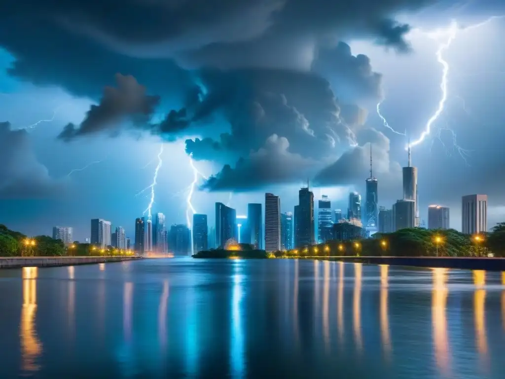 Ciudad futurista inundada por el mar, rascacielos sumergidos, nubes tormentosas y relámpagos