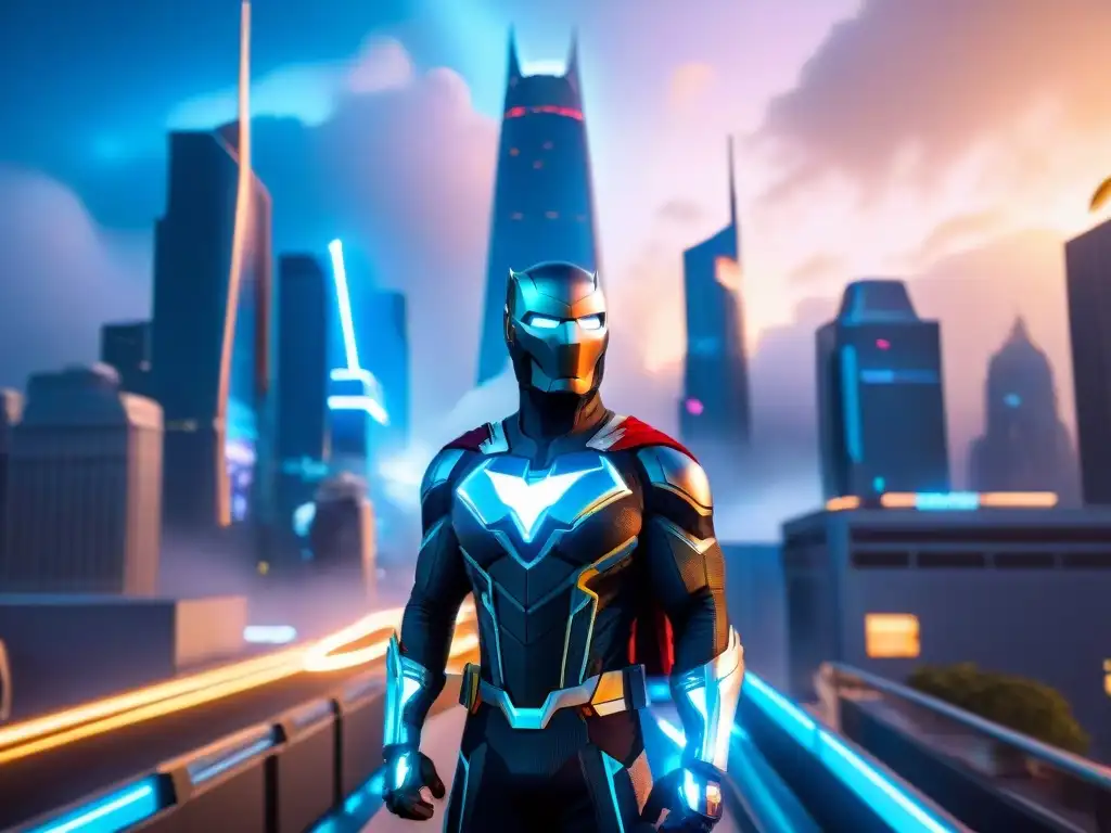 Una ciudad futurista llena de tecnología avanzada y superhéroes, creando una realidad impresionante