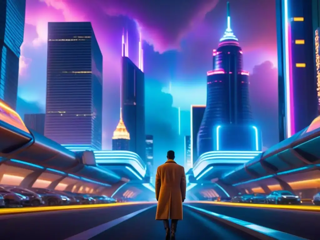 Una ciudad futurista en medio de universos paralelos en la ficción, con rascacielos iluminados y autos voladores