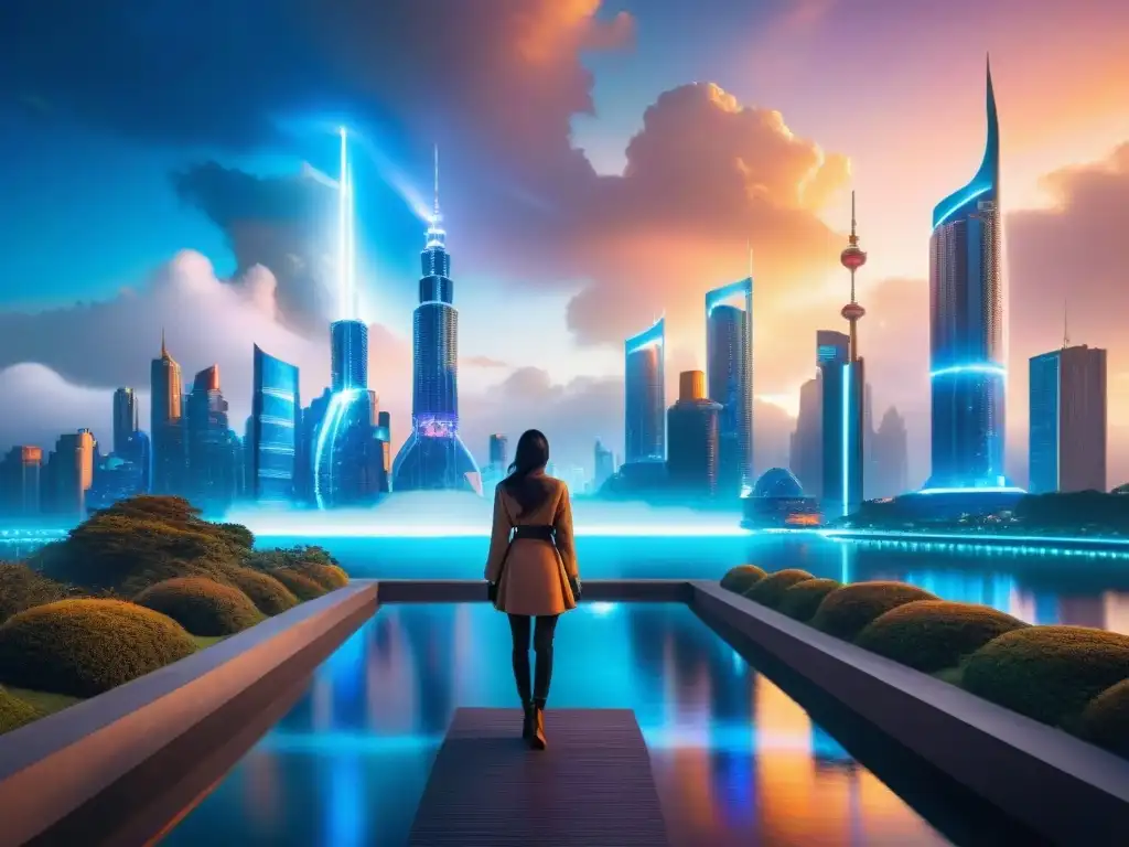 Ciudad futurista y mística al atardecer, donde la magia y la ciencia conviven en perfecto equilibrio, reflejando su fusión en el agua