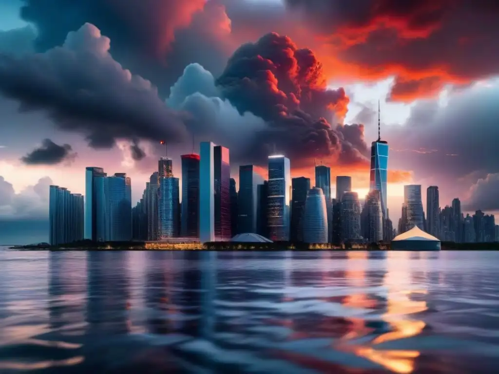 Ciudad futurista en un mundo sumergido por el cambio climático, reflejo surrealista del skyline