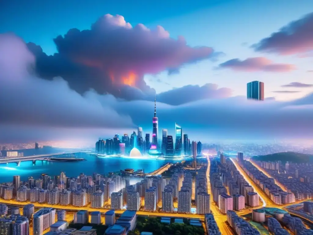 Una ciudad futurista donde mundos ficticios se unen para resolver problemas, con tecnología avanzada e innovación