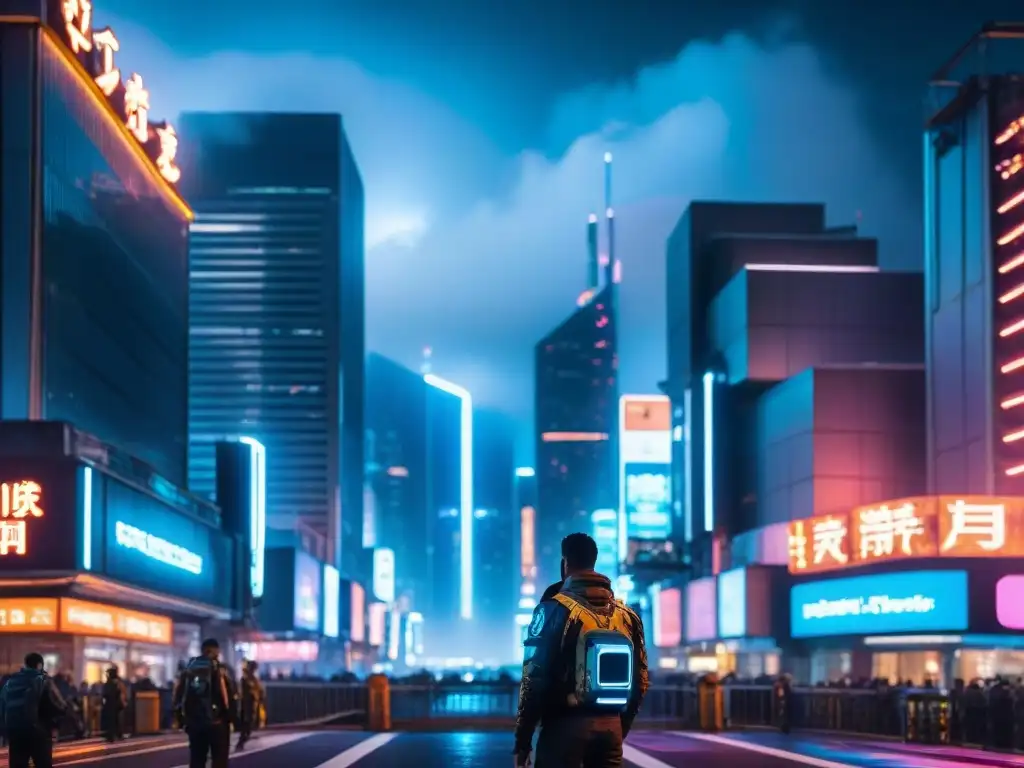 Una ciudad futurista en la noche, con luces de neón, rascacielos y drones, evocando un mundo cyberpunk