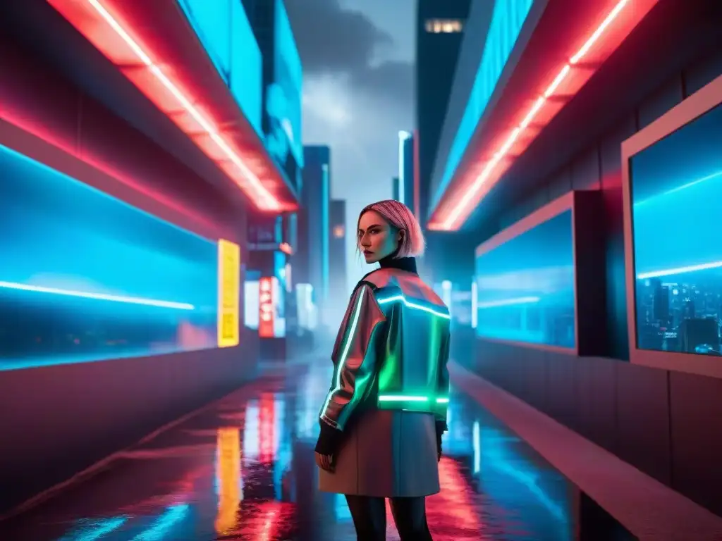 Una ciudad futurista de noche con luces neón y publicidad holográfica, reflejando la influencia de distopías en la moda y diseño contemporáneo