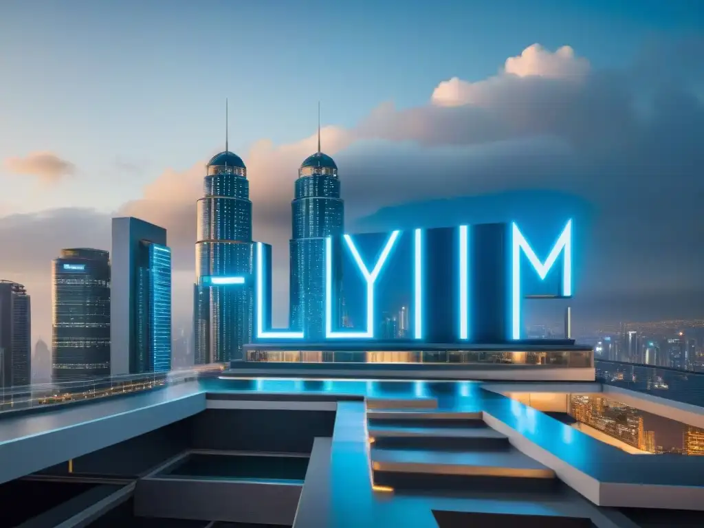 Una ciudad futurista de noche, con rascacielos brillantes, luces de neón y vehículos voladores, representando la Ética en Elysium análisis político