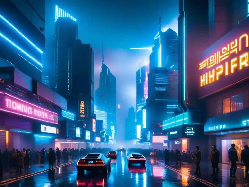 Una ciudad futurista en la noche con rascacielos iluminados y autos voladores, evocando el mundo de Replicantes en Blade Runner