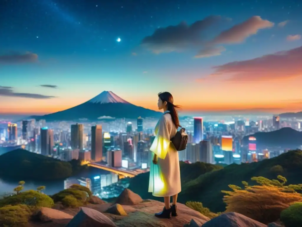 Una ciudad futurista de noche con rascacielos iluminados por luces de neón y personajes de anime inspirados en deidades japonesas