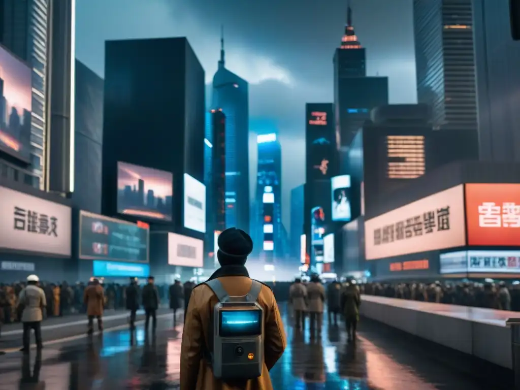 Una ciudad futurista y opresiva, con rascacielos imponentes y pantallas de propaganda
