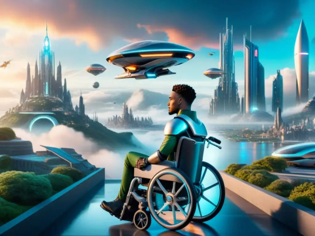 Una ciudad futurista con personajes de ciencia ficción y fantasía con discapacidades, representando la diversidad en universos ficticios