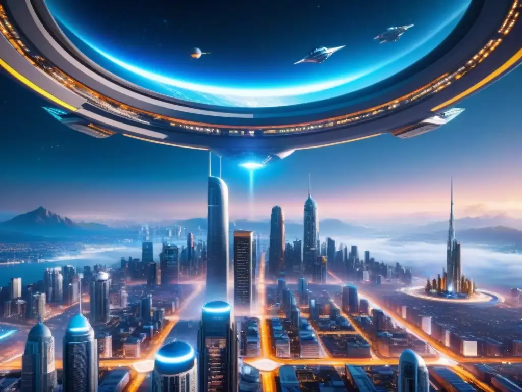 Una ciudad futurista en un planeta distante con arquitectura en el Espacio futurista, vehículos voladores y una estación espacial en órbita