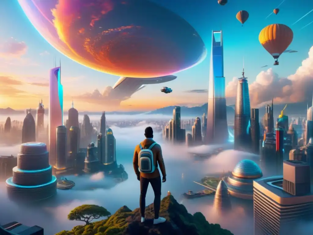 Una ciudad futurista con rascacielos brillantes bajo un atardecer digital, seres míticos y portales brillantes