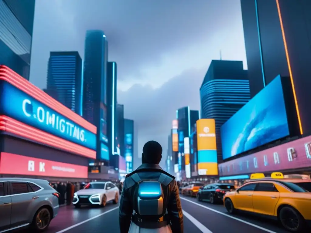 Metrópolis futurista: caos y neon en ciudad distópica Una ciudad futurista al anochecer con rascacielos holográficos, luces de neón y autos voladores, reflejando un ambiente distópico
