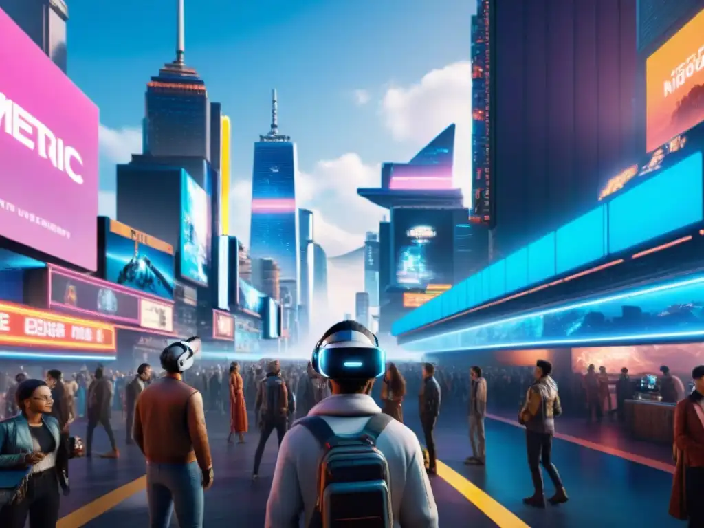 Una ciudad futurista con rascacielos iluminados y gente usando visores de realidad virtual en 'Ready Player One'