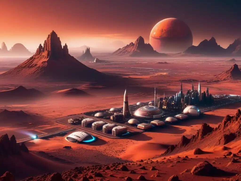 Una ciudad futurista en Marte, con rascacielos imponentes y un cielo rojizo, inspirada en 'The Expanse'