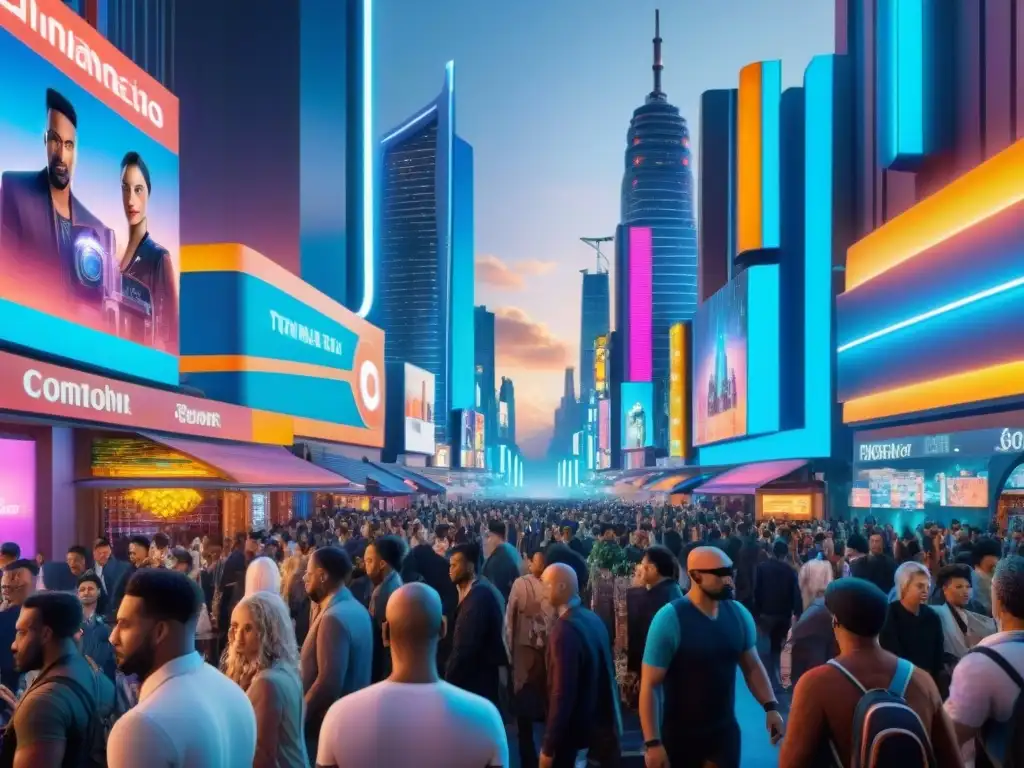 Metrópolis futurista: personalización total en universos ficticios Una ciudad futurista repleta de mercancía personalizada de universos ficticios, inmersa en un ambiente vibrante