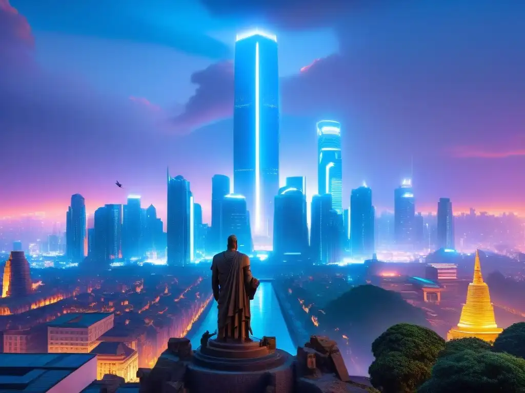 Metrópolis mística: ruinas ancestrales y rascacielos en la noche Una ciudad futurista se mezcla con ruinas de templos antiguos y estatuas colosales de dioses en un ambiente místico