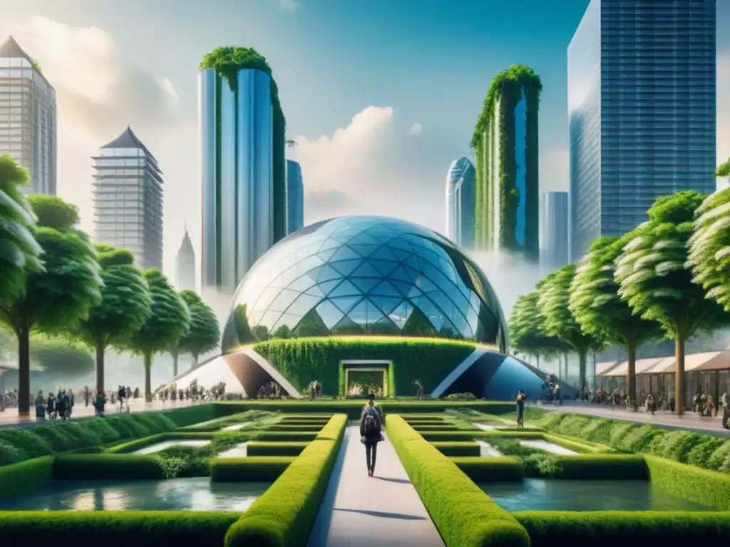 Una ciudad futurista sostenible donde la naturaleza y la tecnología conviven armoniosamente