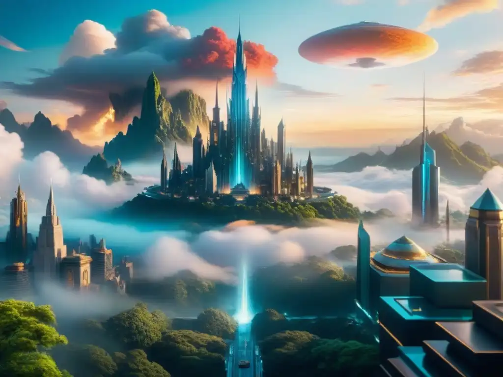 Una ciudad futurista surrealista con elementos de fantasía y ciencia ficción: torres de cristal entrelazadas con vegetación luminosa, vehículos voladores en nubes iridiscentes y criaturas míticas